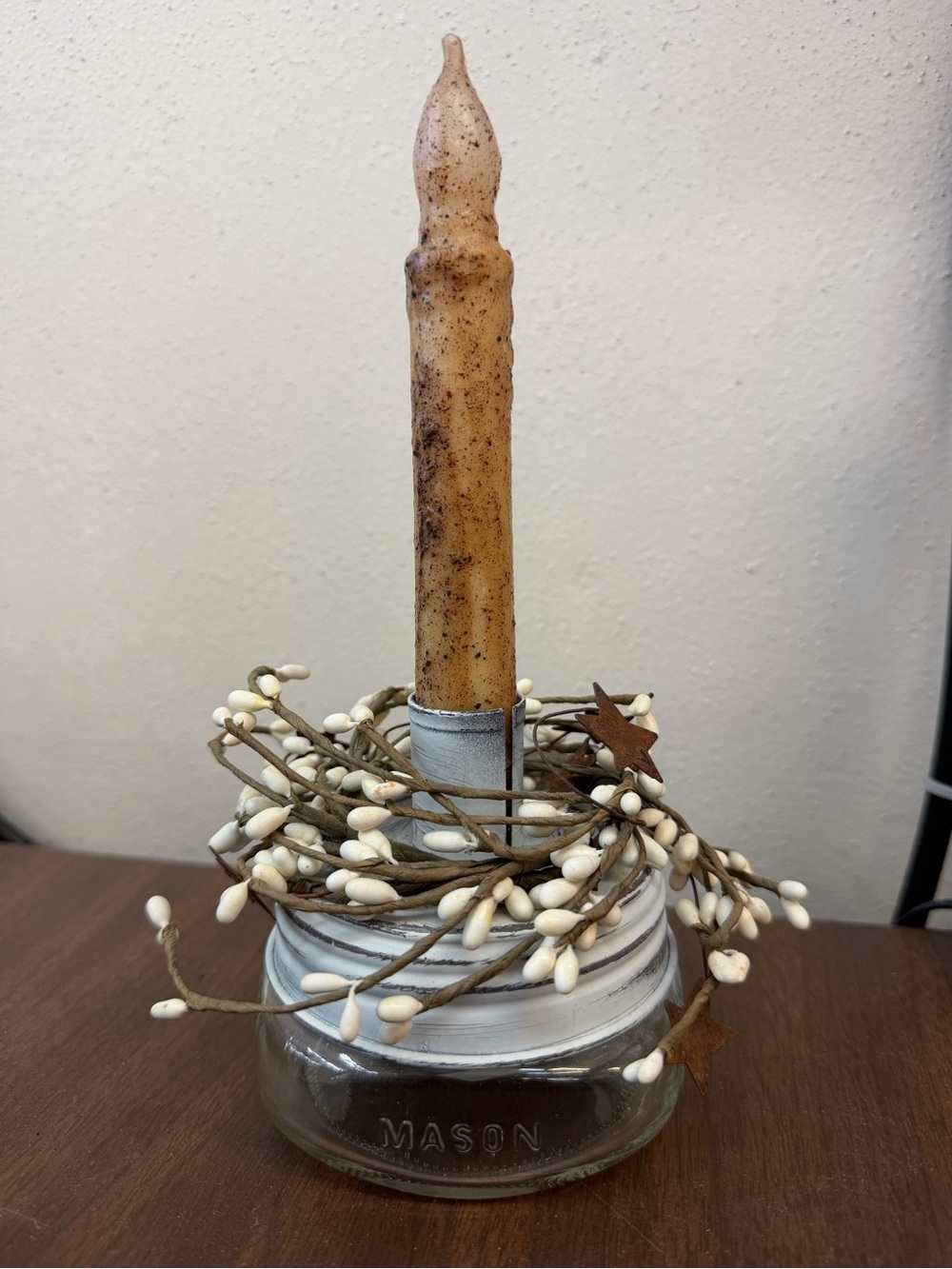Mason Rustic White Berry Wreath Candle Holder with Tan Pillar